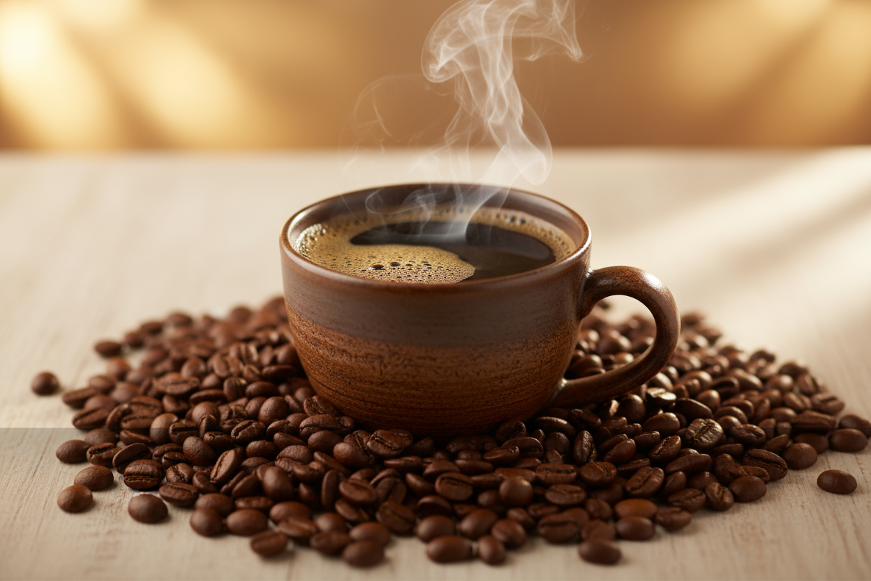 Warm coffee cup with steam banner